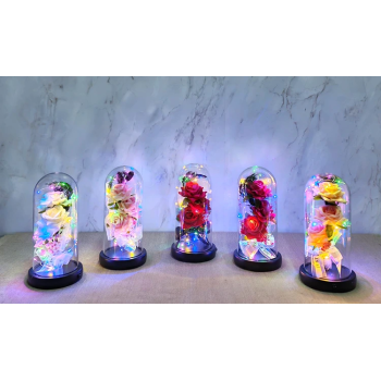 Işıklı Müzikli Cam Fanus İçinde Romantik Gül  Alk5004