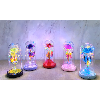 Işıklı Müzikli Romantik Kelebekli Fanus İçinde Gül  Alk5000