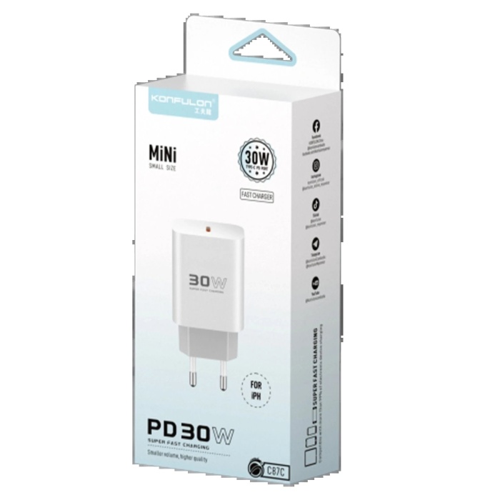 NTM C87C 30W Type-C Çıkışlı Ekstra DL50 1M Type-C to Lightning Kablolu PD Şarj Cihazı - Beyaz