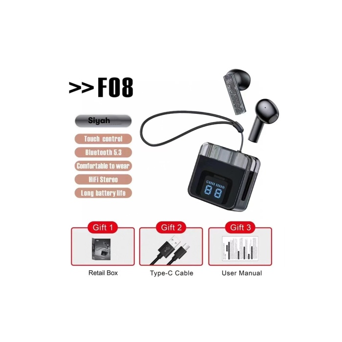 NTM F08 Dijital Şarj Göstergeli TWS Bluetooth Kulaklık - Siyah