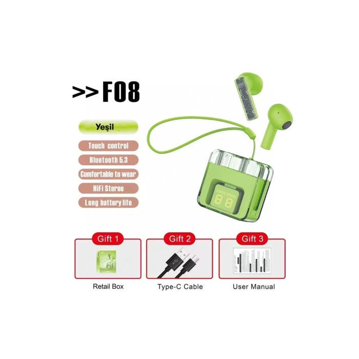 NTM F08 Dijital Şarj Göstergeli TWS Bluetooth Kulaklık - Yeşil