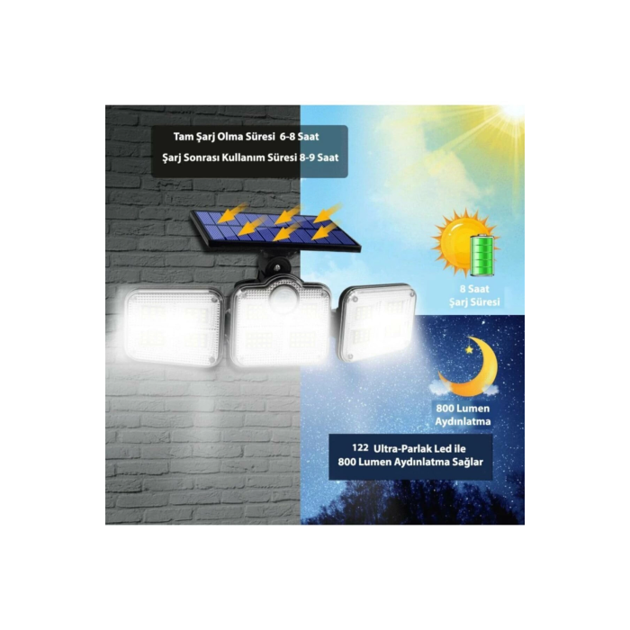 Kumandalı Solar Güneş Enerjili 122 Ledli Hareket Sensörlü Bahçe Aydınlatma Sokak Lambası