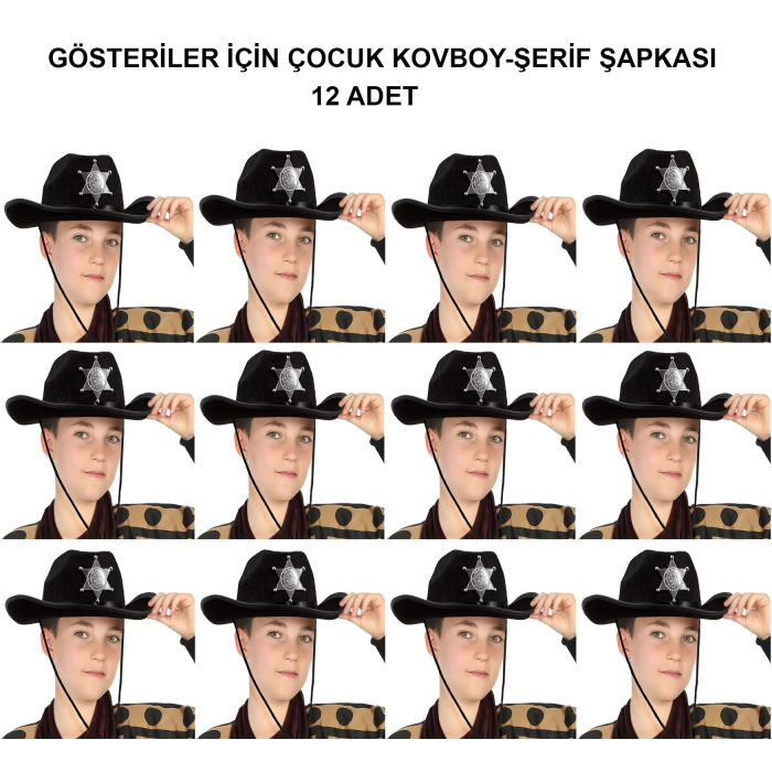 Kovboy Şerif Şapkası Siyah 12 Adet - Kostüm, Parti Ve Gösteri Şapkası