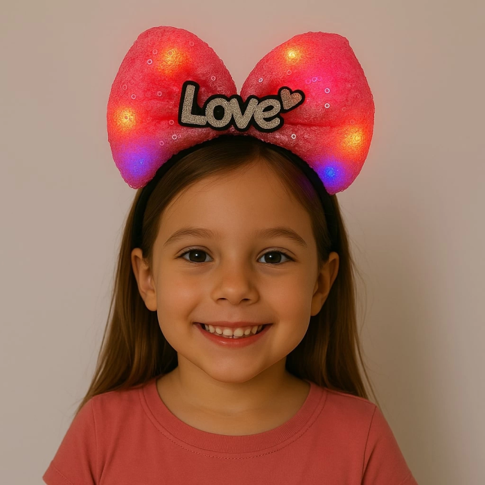 Led Işıklı Love Yazılı Fuşya Fiyonk Taç – Kız Çocuk Parti Tacı