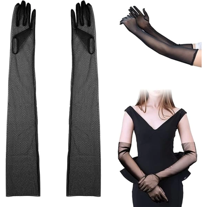 Uzun Boy Likralı Siyah Renk Yetişkin Mega Tül Eldiven 53 Cm
