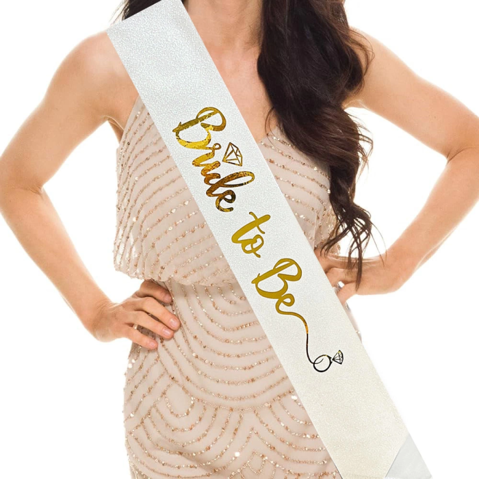 Beyaz Üzeri Altın İtalik Alyanslı Bride To Be Yazılı Simli Işıltılı Kuşak Kemer 10 Cm Genişlik