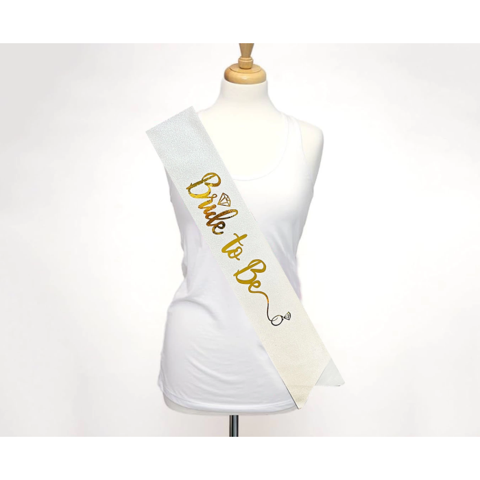 Beyaz Üzeri Altın İtalik Alyanslı Bride To Be Yazılı Simli Işıltılı Kuşak Kemer 10 Cm Genişlik