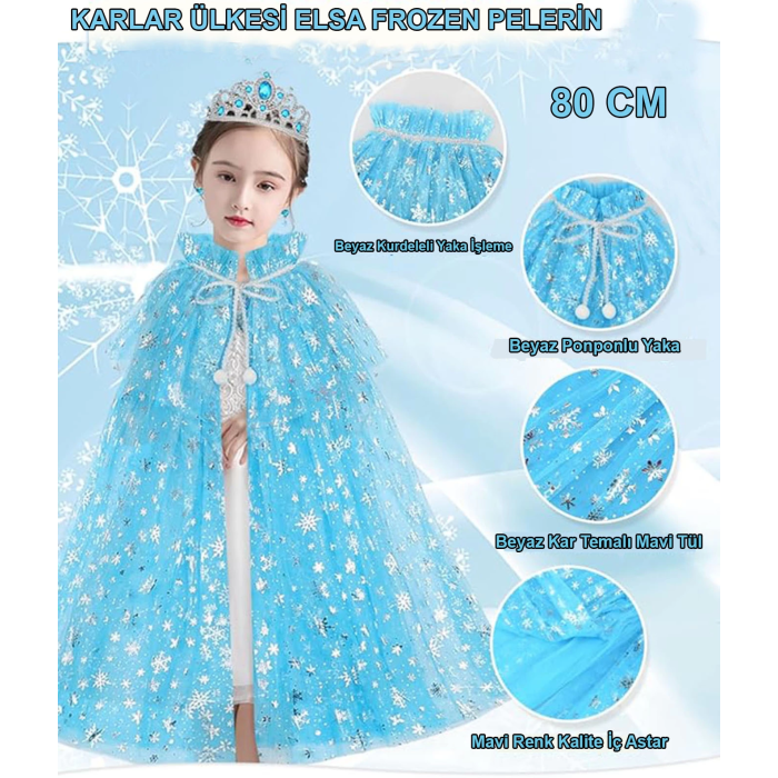 Karlar Ülkesi Elsa Frozen Mavi Pelerin – 80 Cm Kar Desenli Çocuk Pelerini ( Taç Hariç )