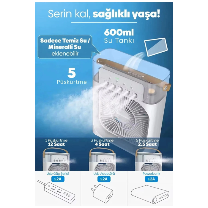 Taşınabilir Işıklı 5 Spreyli Vantilatör Buzlu Buharlı Vantilatör Mini Fan Nemlendirici