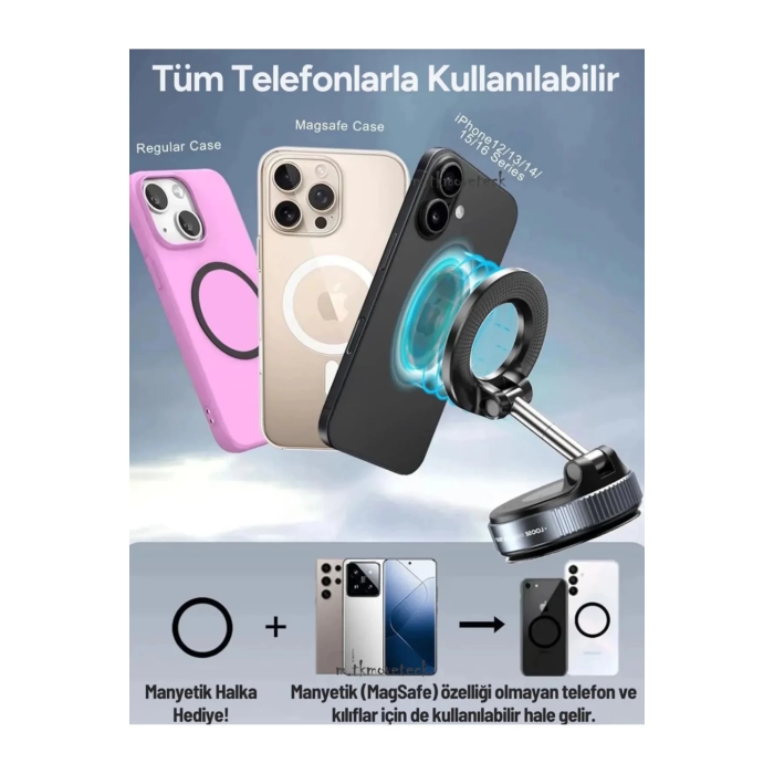 360 Dönebilen Ayarlanabilir Araç Içi Tutucu Kullanılabilen Vakumlu K007 Magsafe Telefon Tutucu