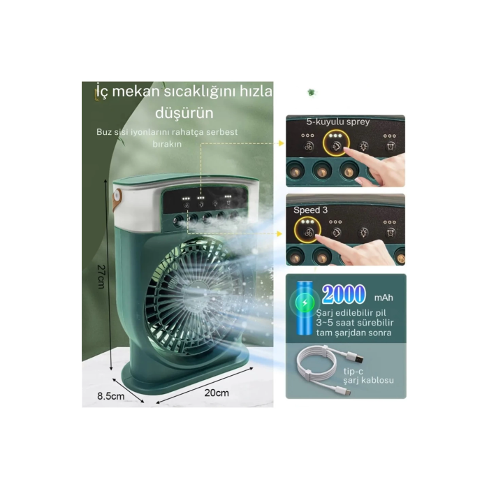 Şarjlı 600 Ml Su Hazneli Taşınabilir Masaüstü Vanilatör  Güçlü Fan Ve 2000 Mah Pil Beyaz