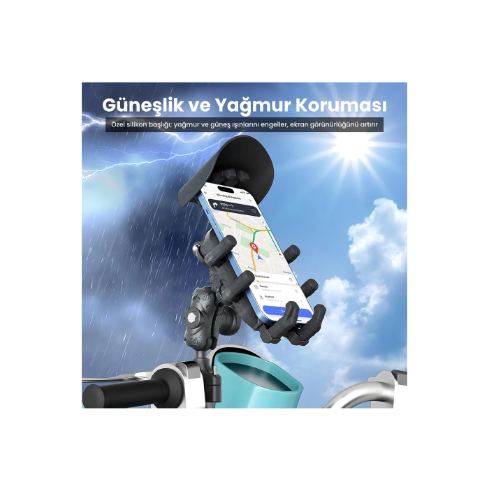 Gidon Bağlantılı Güneş Ve Yağmur Korumalı 360° Derece Ayarlanabilir Motosiklet Bisiklet Telefon Tutucu