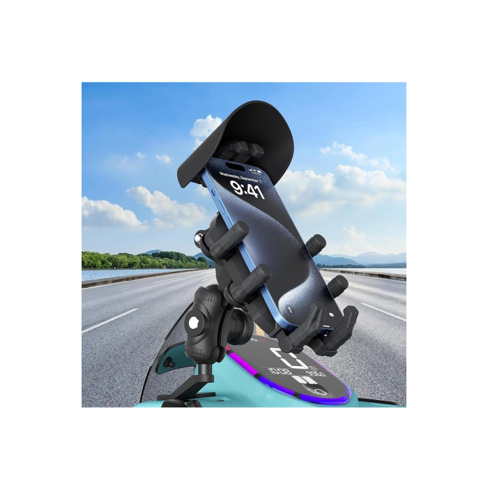 Ayna Bağlantılı Güneş Ve Yağmur Korumalı 360° Derece Ayarlanabilir Motosiklet Telefon Tutucu