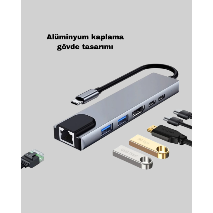 Alüminyum Kasalı MacBook USB-C Hub – 4K HDMI, USB 3.0, SD/TF Kart Girişi, PD Şarj Desteği
