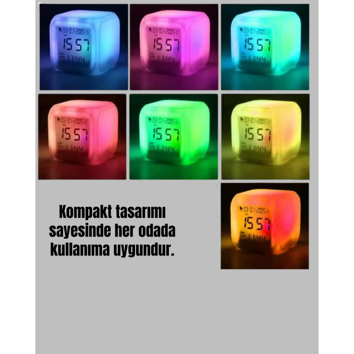 Termometre ve Takvim Özellikli 7 Renk Değiştiren Küp Alarm Saati