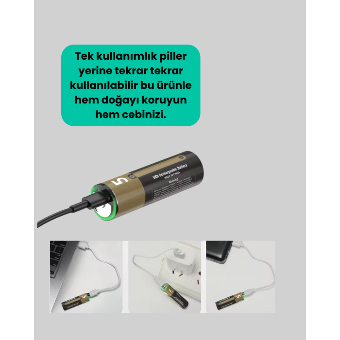 Tekrar Şarj Edilebilir AA USB Type-C Pil | 1000+ Döngü | 1.5V Sabit Voltaj