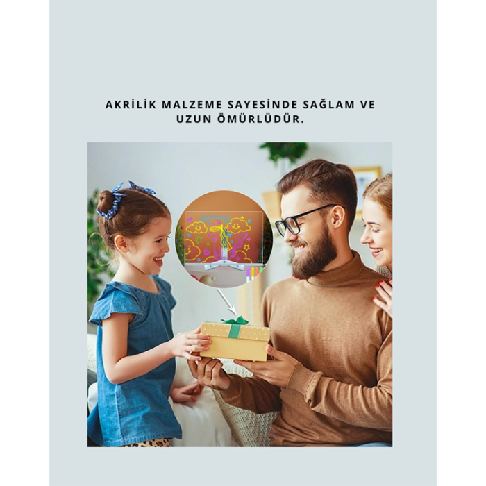 LED Işıklı Şeffaf Yazı Tahtası – Neon Etkili Akrilik Pano, Silinebilir, 7 Renkli Kalemli, 30x20 cm