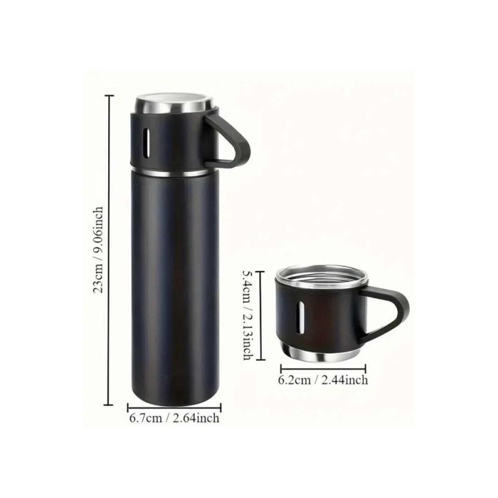 Termos Seti 3lü Bardak Seti Isı Dayanıklı Siyah Paslanmaz Çelik Vakumlu