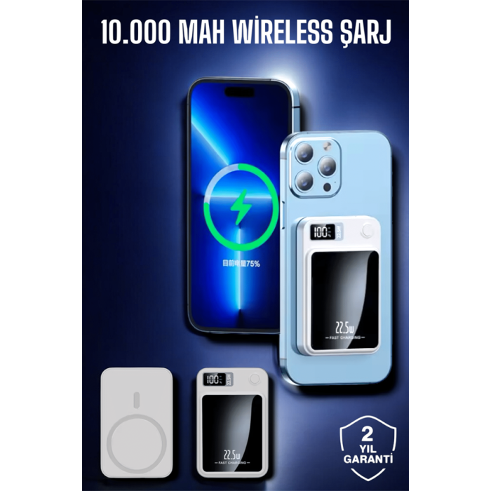 22.5W Magsafe Kablosuz Şarjlı Powerbank Dijital Ekran ve Hızlı Şarj