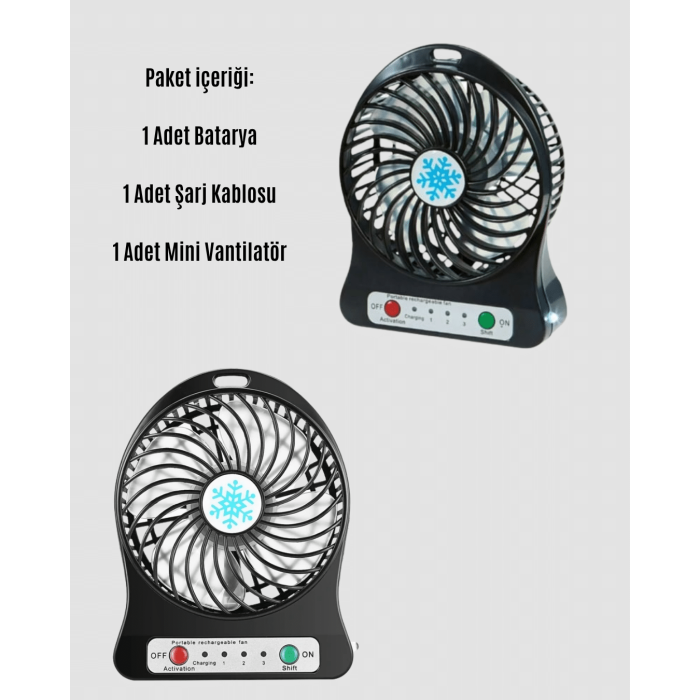 Mini USB Fan – Şarj Edilebilir, Işıklı, 3 Kademe, Taşınabilir Masaüstü Vantilatör
