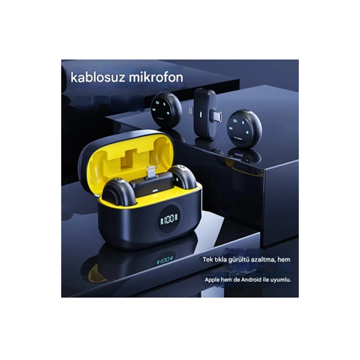 Kablosuz Profesyonel İkili Yayın Yaka Mikrofonu Şarj Kutu Mıknatıslı Typce Lightning Çıkış Mikrofon