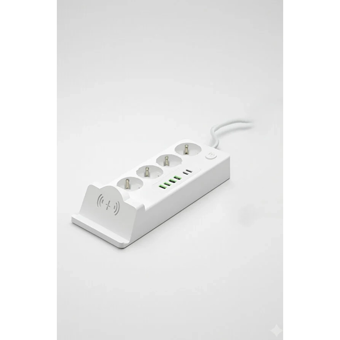 Akım Korumalı Priz Ve Masaüstü Şarj İstasyonu Kablosuz 4 Priz ,4 Usb, 2 Type-c Girişli 2 Metre