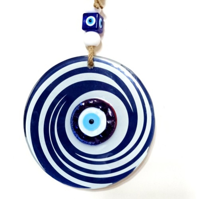 Nazar Boncuklu Lacivert Ve Beyaz Renkli Füzyon Cam Duvar Süsü