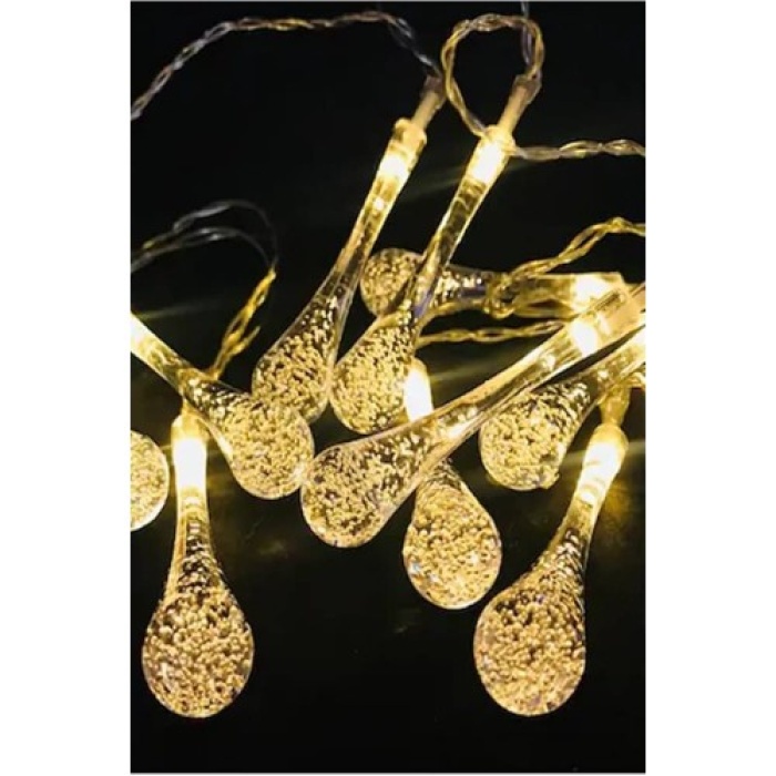 10 LED 2 Metre Sarı Kristal Su Damlası Güneş Enerjili Led Işık