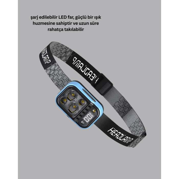 Üç Renkli LED Kafa Feneri 53 Mod Güç Göstergeli Type C Şarjlı