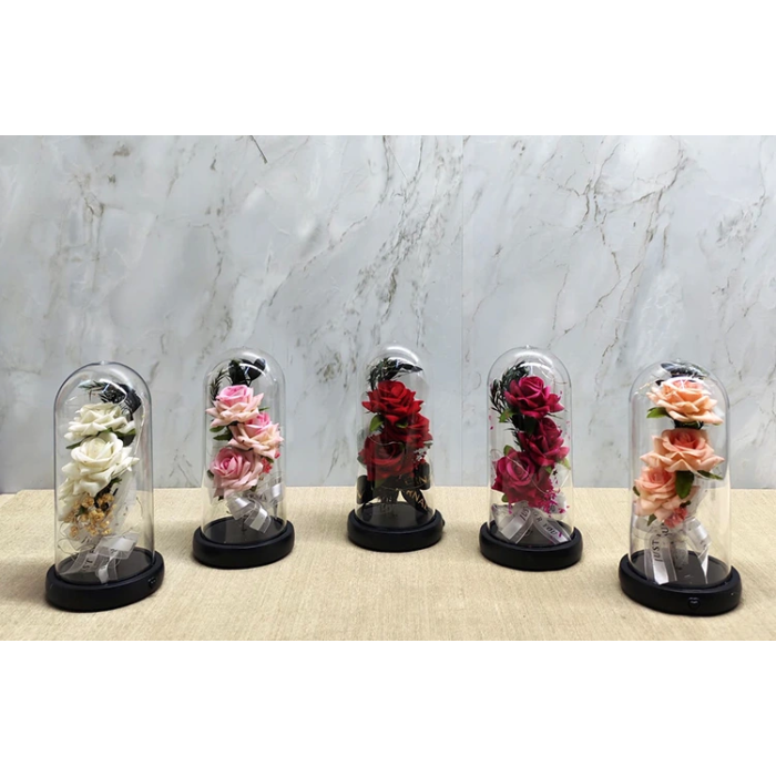 Işıklı Müzikli Cam Fanus İçinde Romantik Gül  Alk5004