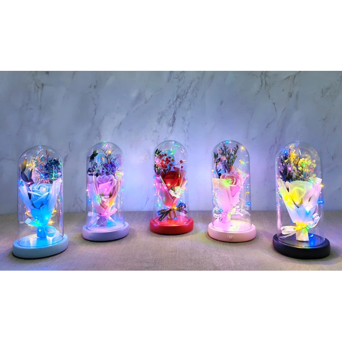 Işıklı Müzikli Cam Fanus İçinde Lavantalı Romantik Gül  Alk5001