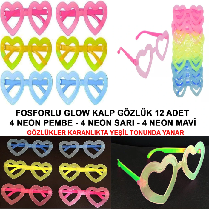 Fosforlu Kalp Model Glow Parti Gözlüğü Karanlıkta Yanan Gözlükler 12 Adet