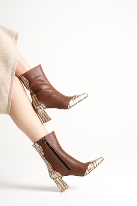 Loana Kadın Taba Kroko Desenli Kalın Topuklu Kışlık Bot