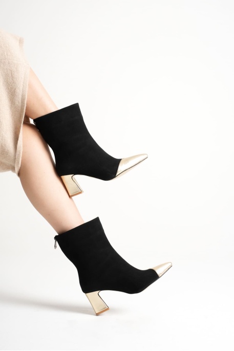 Lucinda Kadın Siyah Altın Kalın Topuklu Kışlık Bot