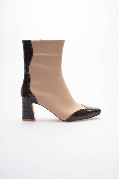Loana Kadın Bej Kroko Desenli Kalın Topuklu Kışlık Bot