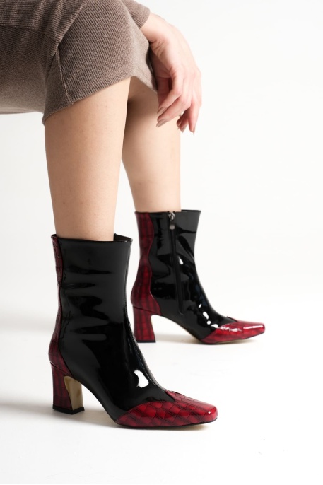 Loana Kadın Kırmızı Kroko Desenli Kalın Topuklu Kışlık Bot
