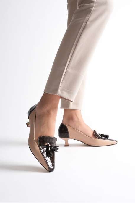 Lily Kadın Bej Acı Kahve Rugan Topuklu Ayakkabı