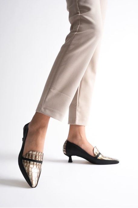 Elsie Kadın Siyah Altın Kroko Kısa Topuklu Ayakkabı