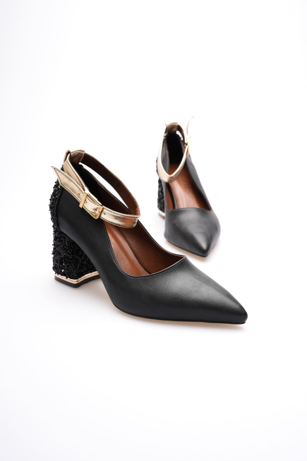 Estelle Kadın Siyah Altın Kalın Topuklu Ayakkabı