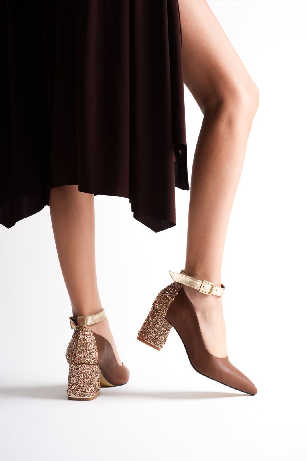 Estelle Kadın Taba Altın Kalın Topuklu Ayakkabı