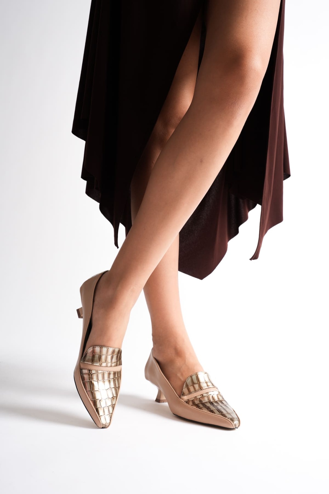 Elsie Kadın Bej Altın Kroko Kısa Topuklu Ayakkabı