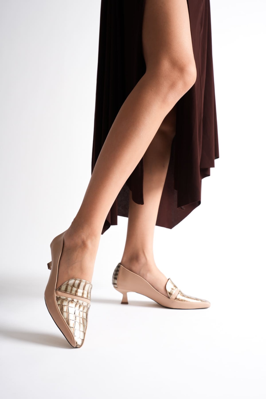 Elsie Kadın Bej Altın Kroko Kısa Topuklu Ayakkabı