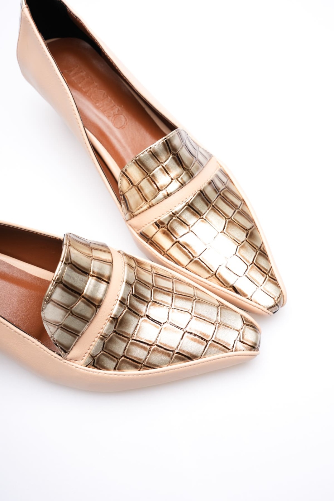 Elsie Kadın Bej Altın Kroko Kısa Topuklu Ayakkabı