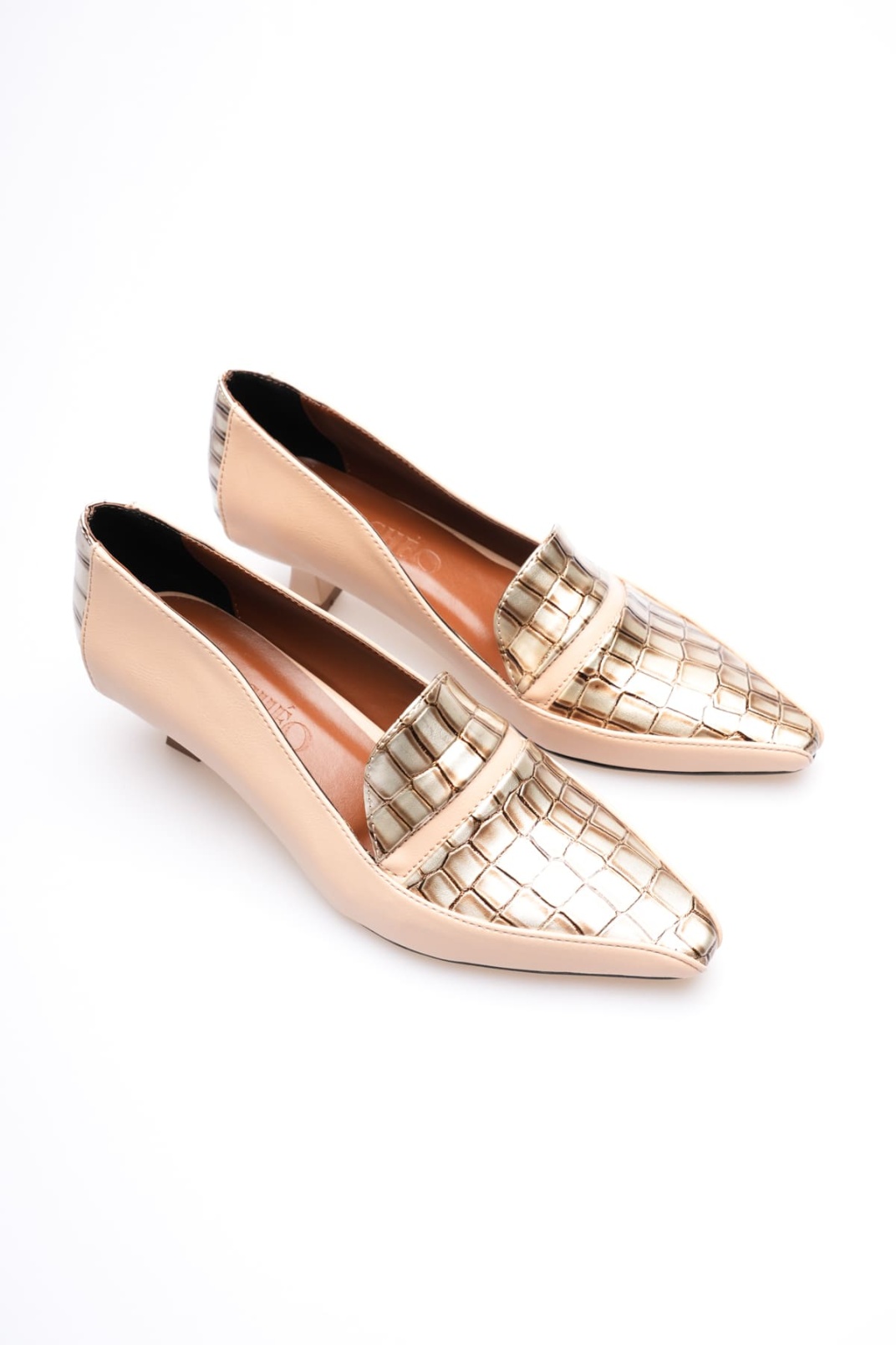 Elsie Kadın Bej Altın Kroko Kısa Topuklu Ayakkabı