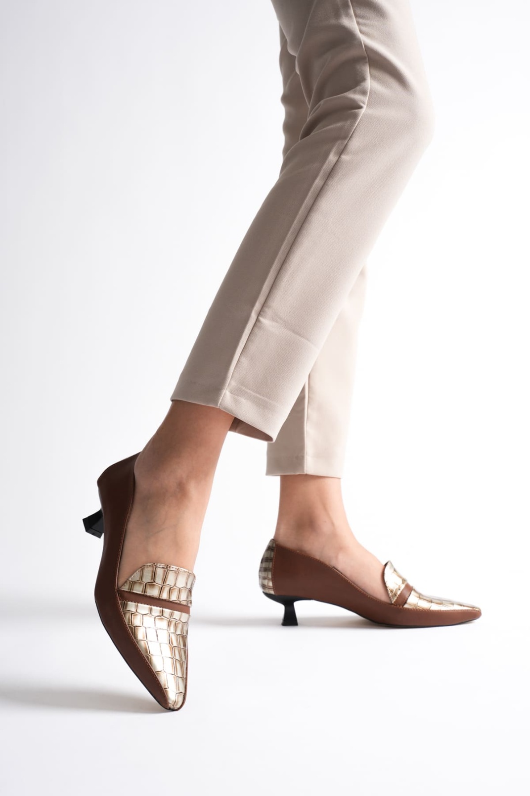 Elsie Kadın Taba Altın Kroko Kısa Topuklu Ayakkabı