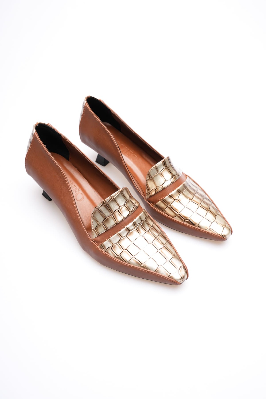 Elsie Kadın Taba Altın Kroko Kısa Topuklu Ayakkabı