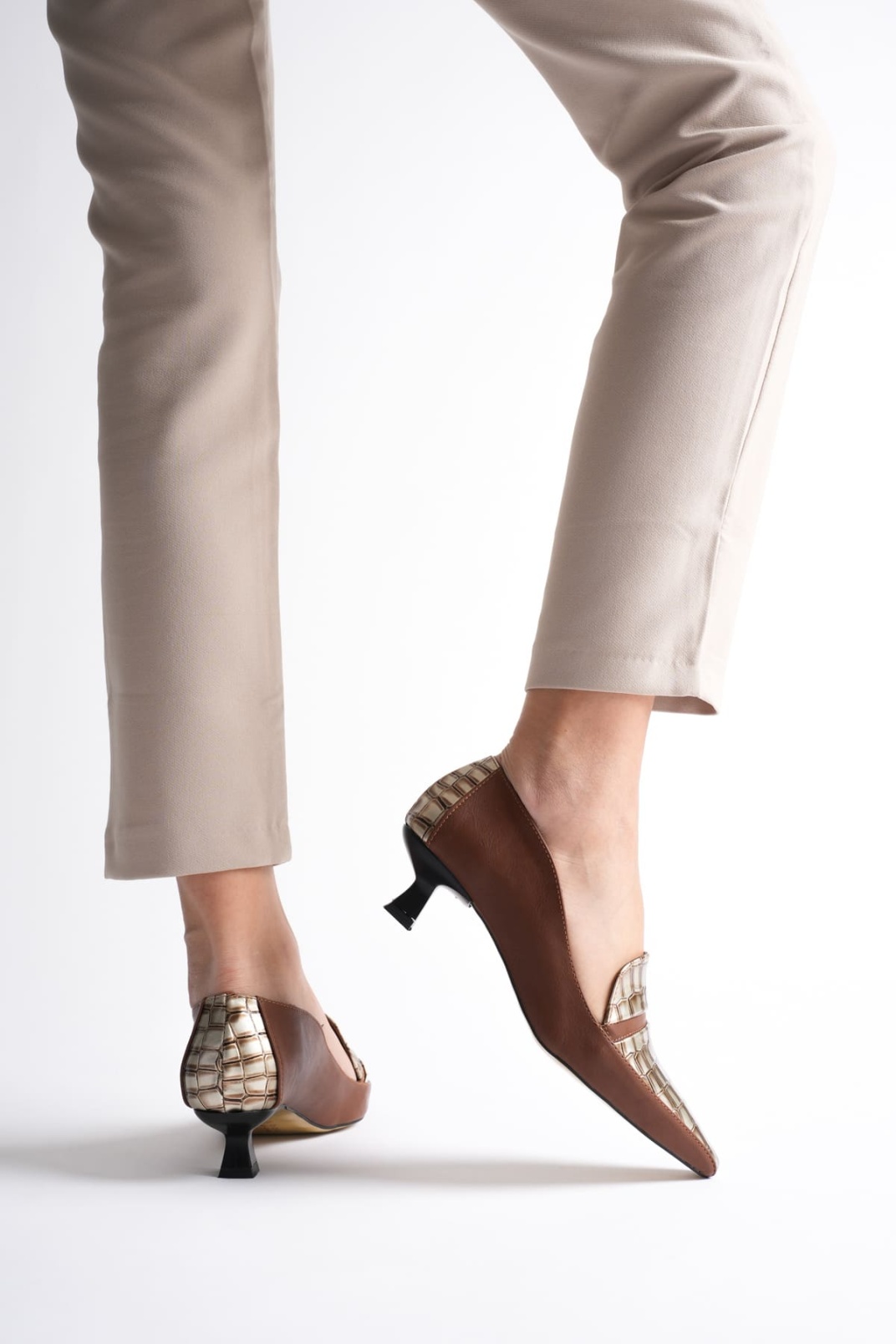 Elsie Kadın Taba Altın Kroko Kısa Topuklu Ayakkabı