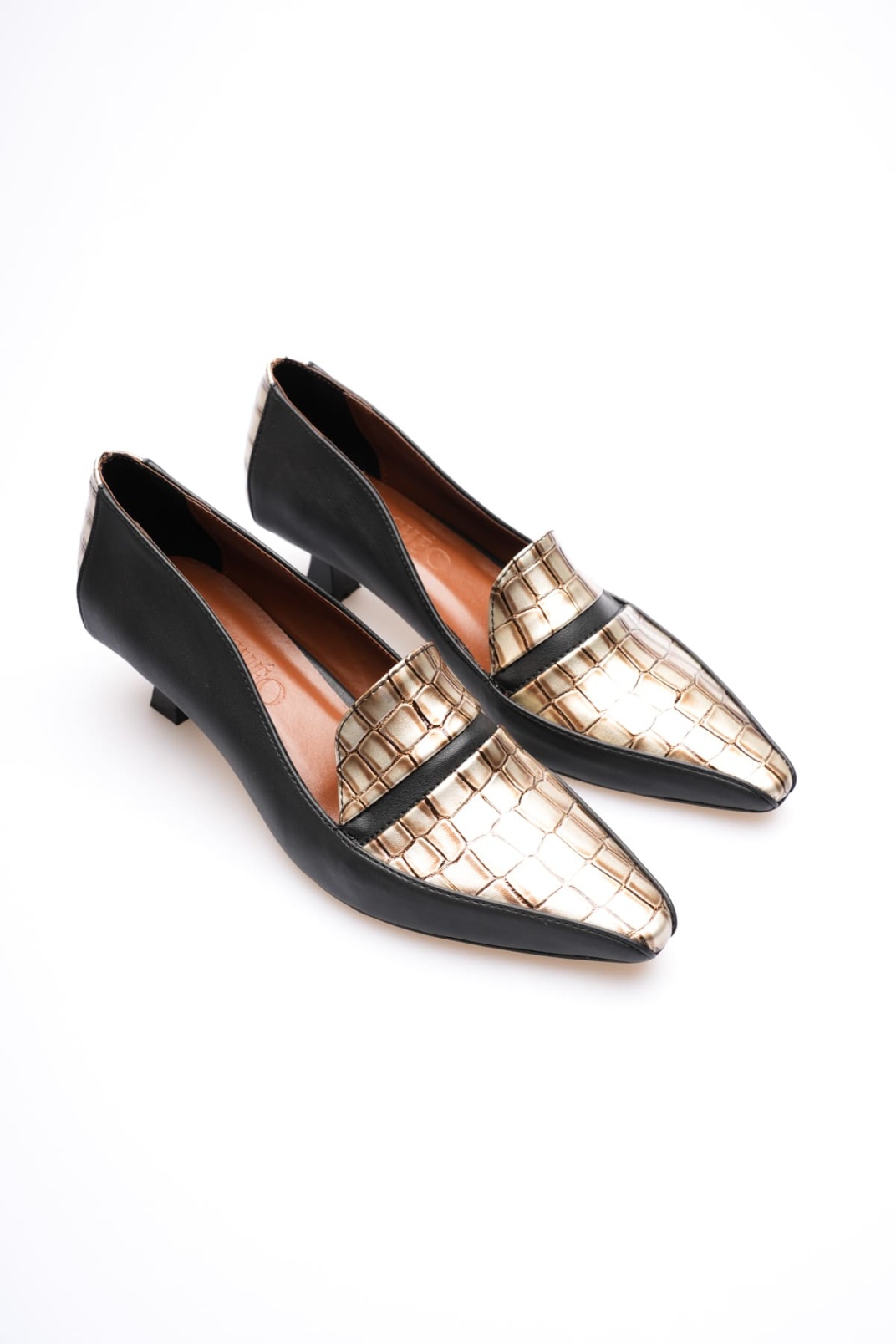 Elsie Kadın Siyah Altın Kroko Kısa Topuklu Ayakkabı