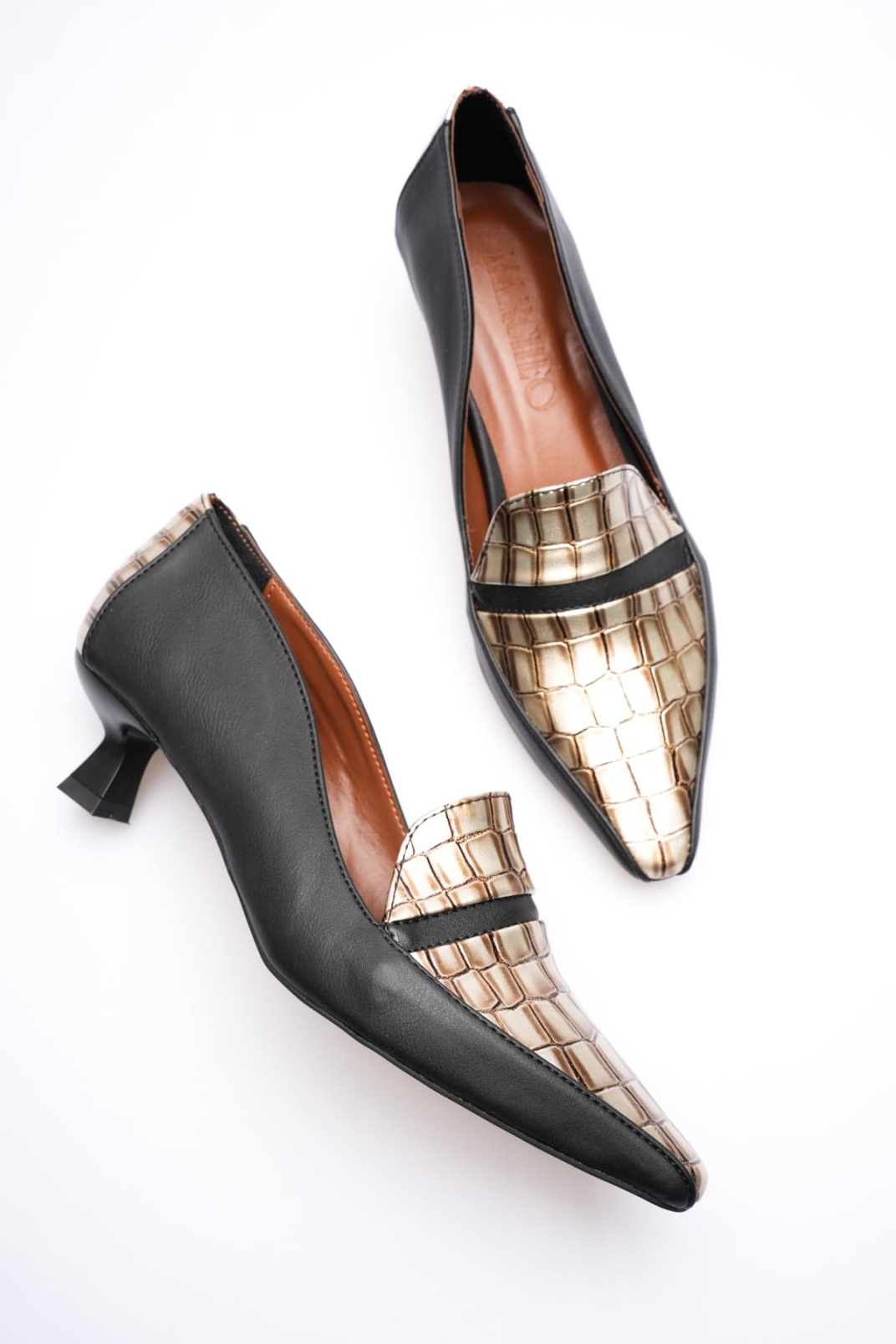 Elsie Kadın Siyah Altın Kroko Kısa Topuklu Ayakkabı