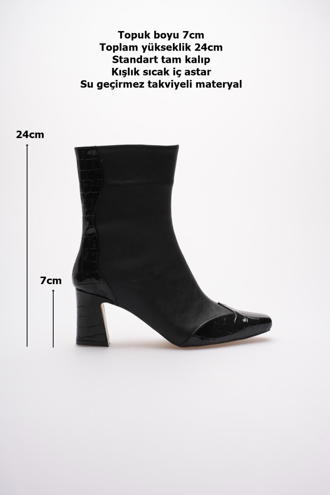 Loana Kadın Siyah Kroko Desenli Kalın Topuklu Kışlık Bot